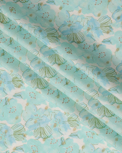 Mint Blue Floral Print Cotton Linen Fabric, 110 cm Width-D21568