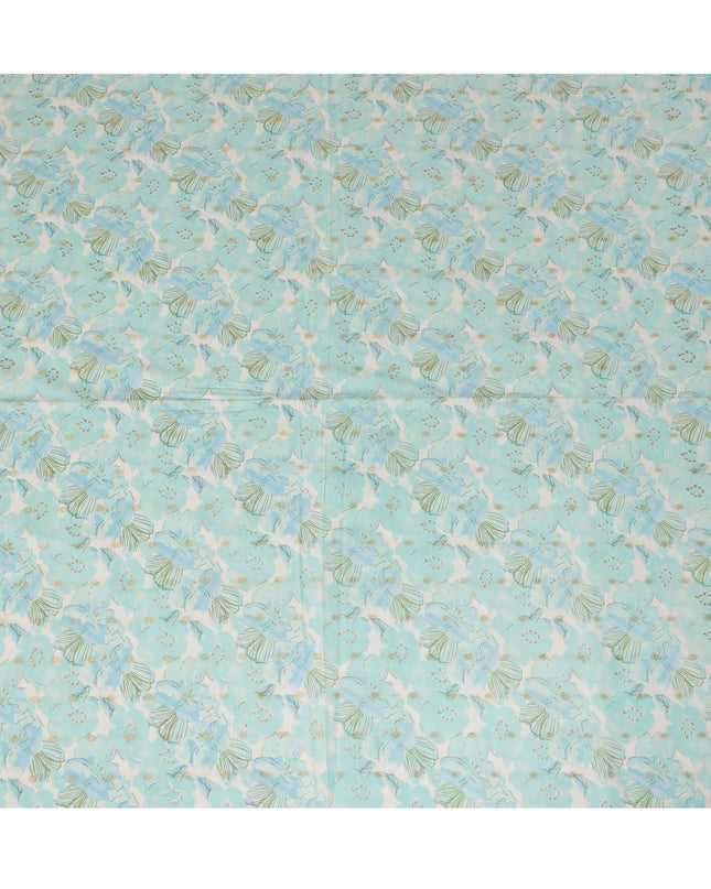 Mint Blue Floral Print Cotton Linen Fabric, 110 cm Width-D21568