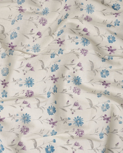 White Cotton Lawn Fabric with Blue and Purple Floral Print – 110 Cms Wide-D21569