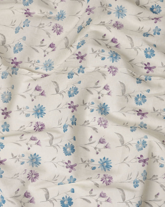 White Cotton Lawn Fabric with Blue and Purple Floral Print – 110 Cms Wide-D21569