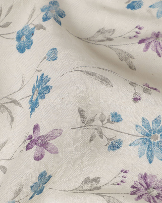 White Cotton Lawn Fabric with Blue and Purple Floral Print – 110 Cms Wide-D21569