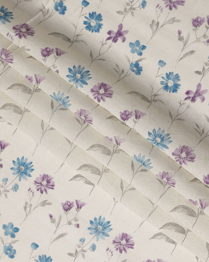 White Cotton Lawn Fabric with Blue and Purple Floral Print – 110 Cms Wide-D21569