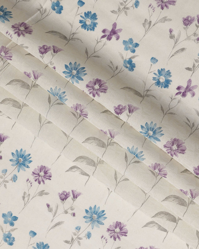 White Cotton Lawn Fabric with Blue and Purple Floral Print – 110 Cms Wide-D21569