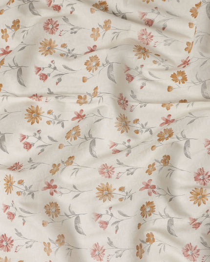 White Cotton Lawn Fabric with Peach and Yellow Floral Print – 110 Cms Wide-D21570