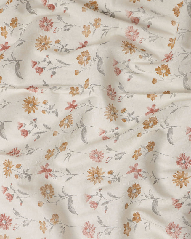 White Cotton Lawn Fabric with Peach and Yellow Floral Print – 110 Cms Wide-D21570