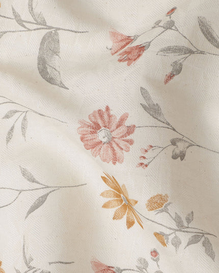 White Cotton Lawn Fabric with Peach and Yellow Floral Print – 110 Cms Wide-D21570