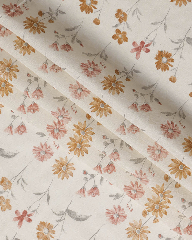 White Cotton Lawn Fabric with Peach and Yellow Floral Print – 110 Cms Wide-D21570