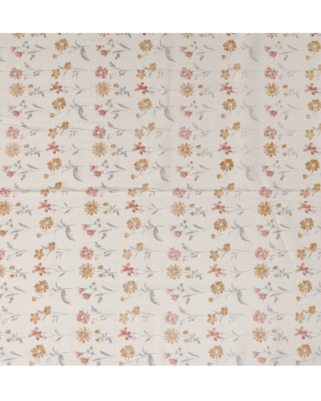 White Cotton Lawn Fabric with Peach and Yellow Floral Print – 110 Cms Wide-D21570