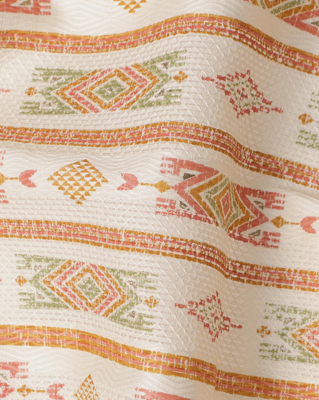 White Cotton Lawn Fabric with Multicolor Geometric Pattern – 110 Cms Wide-D21571