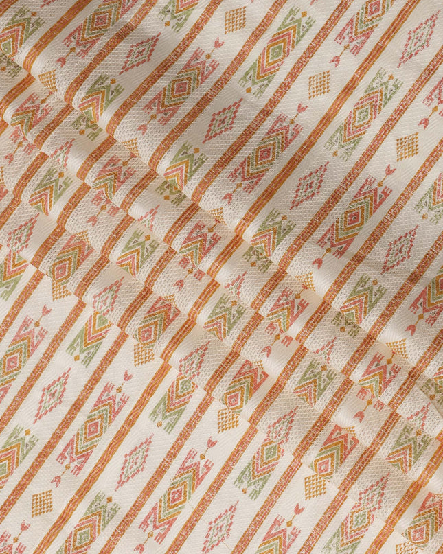 White Cotton Lawn Fabric with Multicolor Geometric Pattern – 110 Cms Wide-D21571