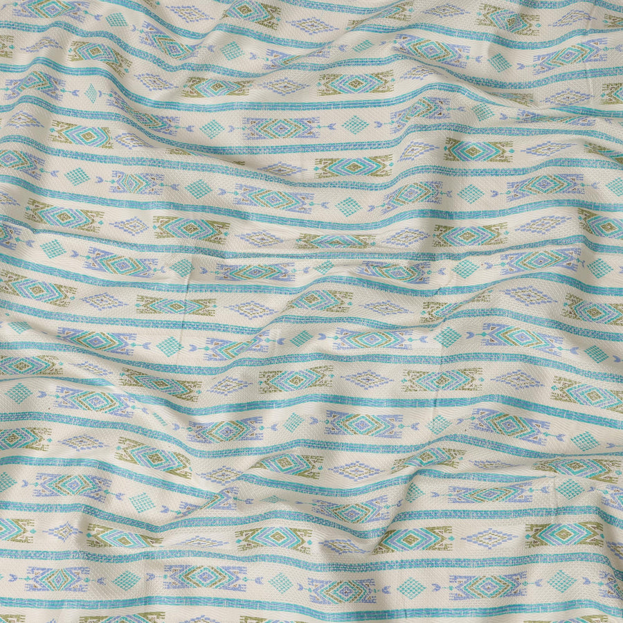 White Cotton Lawn Fabric with Blue and Green Geometric Pattern – 110 Cms Wide-D21572