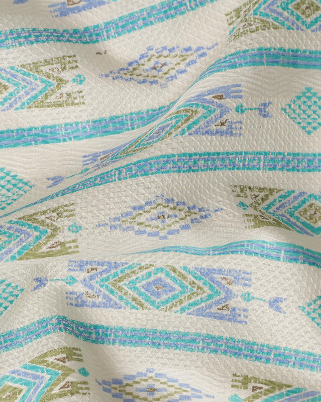 White Cotton Lawn Fabric with Blue and Green Geometric Pattern – 110 Cms Wide-D21572