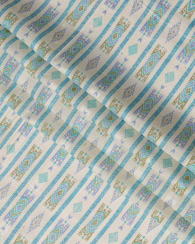 White Cotton Lawn Fabric with Blue and Green Geometric Pattern – 110 Cms Wide-D21572