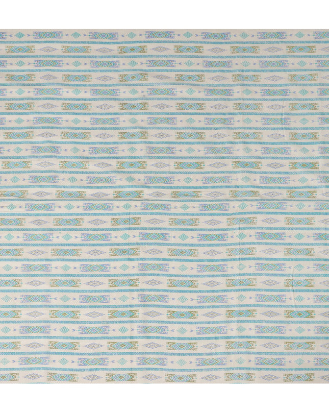 White Cotton Lawn Fabric with Blue and Green Geometric Pattern – 110 Cms Wide-D21572