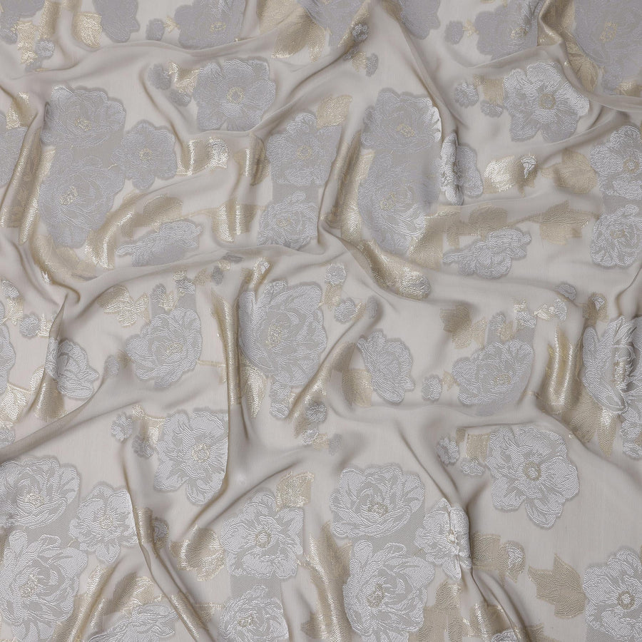 Grey French Silk Chiffon Fabric with Metallic Gold and Silver Floral Design, 110 cm Wide-D21670