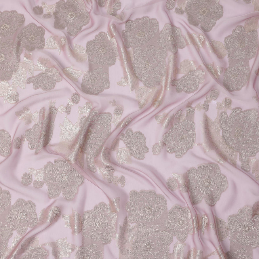 Light Pink French Silk Chiffon Fabric with Metallic Gold Floral Design, 110 cm Wide-D21672