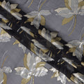 قماش شيفون حرير رمادي فحمي مع تصميم أوراق ذهبية وفضية معدنية، عرض 110 سم - D21676