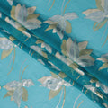 قماش شيفون حرير أزرق مائي بتصميم أوراق ذهبية وفضية معدنية، عرض 110 سم - D21679