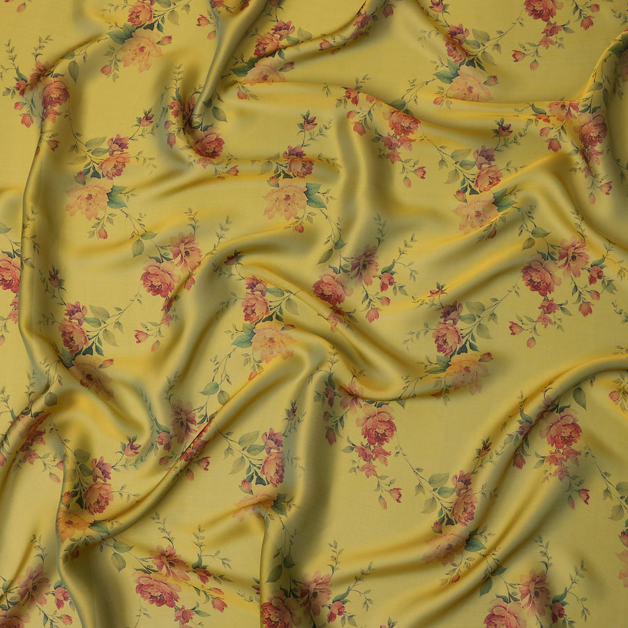 Yellow Silk Chiffon Fabric with Floral Print Design, 110 cm Wide-D21681