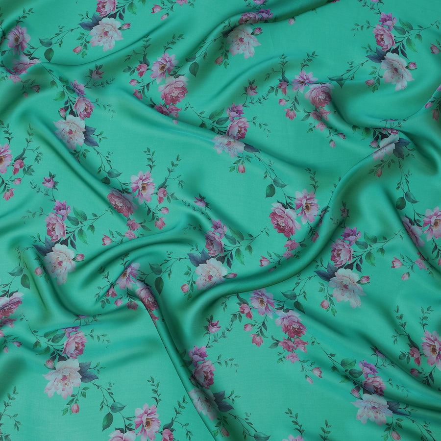 Turquoise Silk Chiffon Fabric with Floral Print Design, 110 cm Wide-D21682