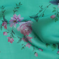 Turquoise Silk Chiffon Fabric with Floral Print Design, 110 cm Wide-D21682