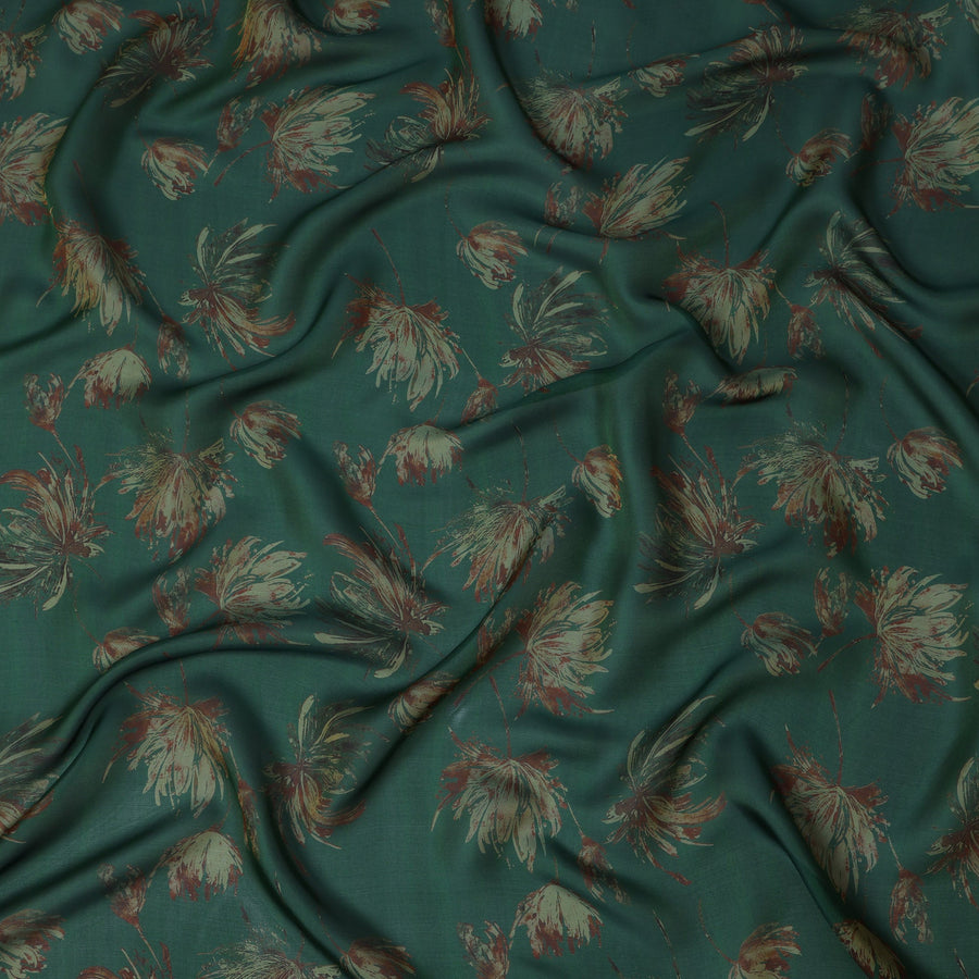 Emerald Green Silk Chiffon Fabric with Bold Floral Print Design, 110 cm Wide-D21685
