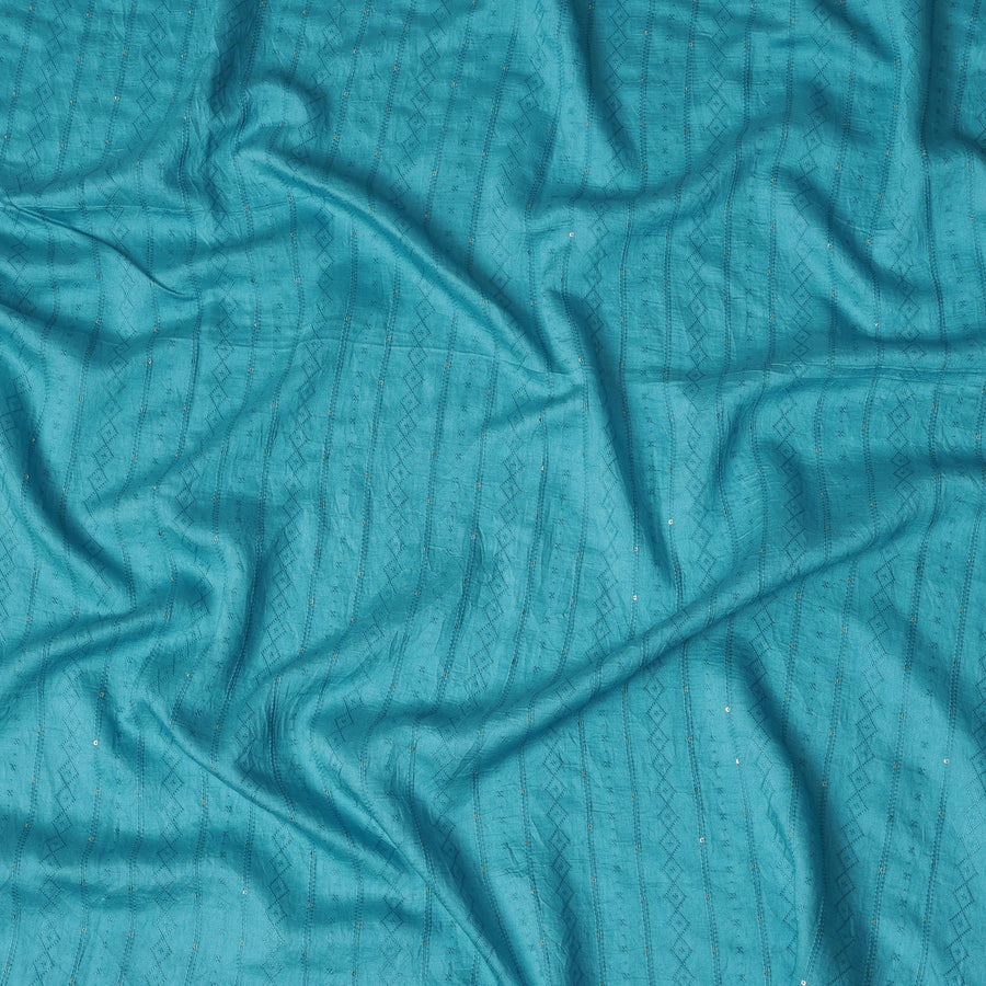Turquoise Tussar Synthetic Blended Embroidery Fabric – 110 cm Width-D21736