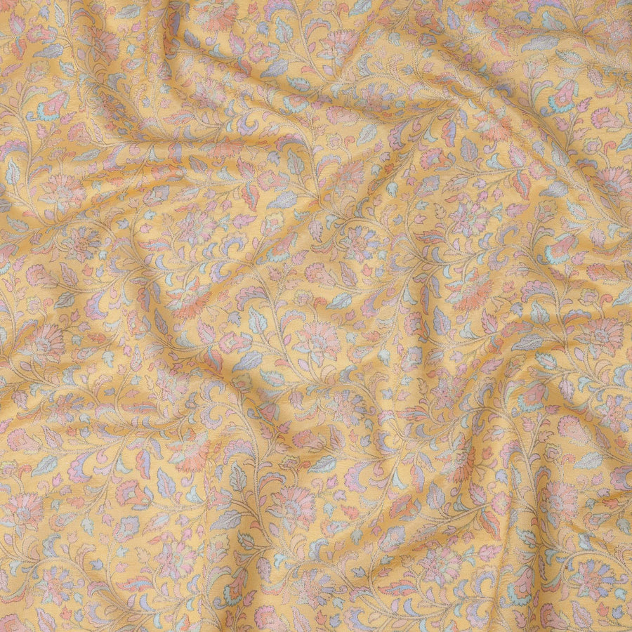 Mustard Yellow Tussar Silk Fabric with Pastel Floral Embroidery – 110 cm Width-D21757