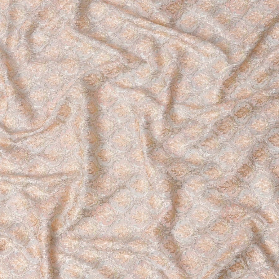 قماش حرير توسار بلون الخوخ الفاتح مع تطريز زهور باللون الخوخي والفضي – عرض 110 سم - D21758