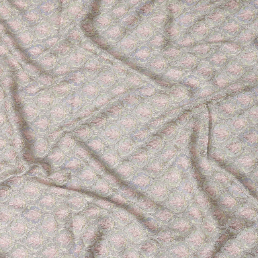 قماش حرير توسار باللون الرمادي الفضي مع تطريز زهري باللونين الوردي والباستيل - عرض 110 سم - D21759