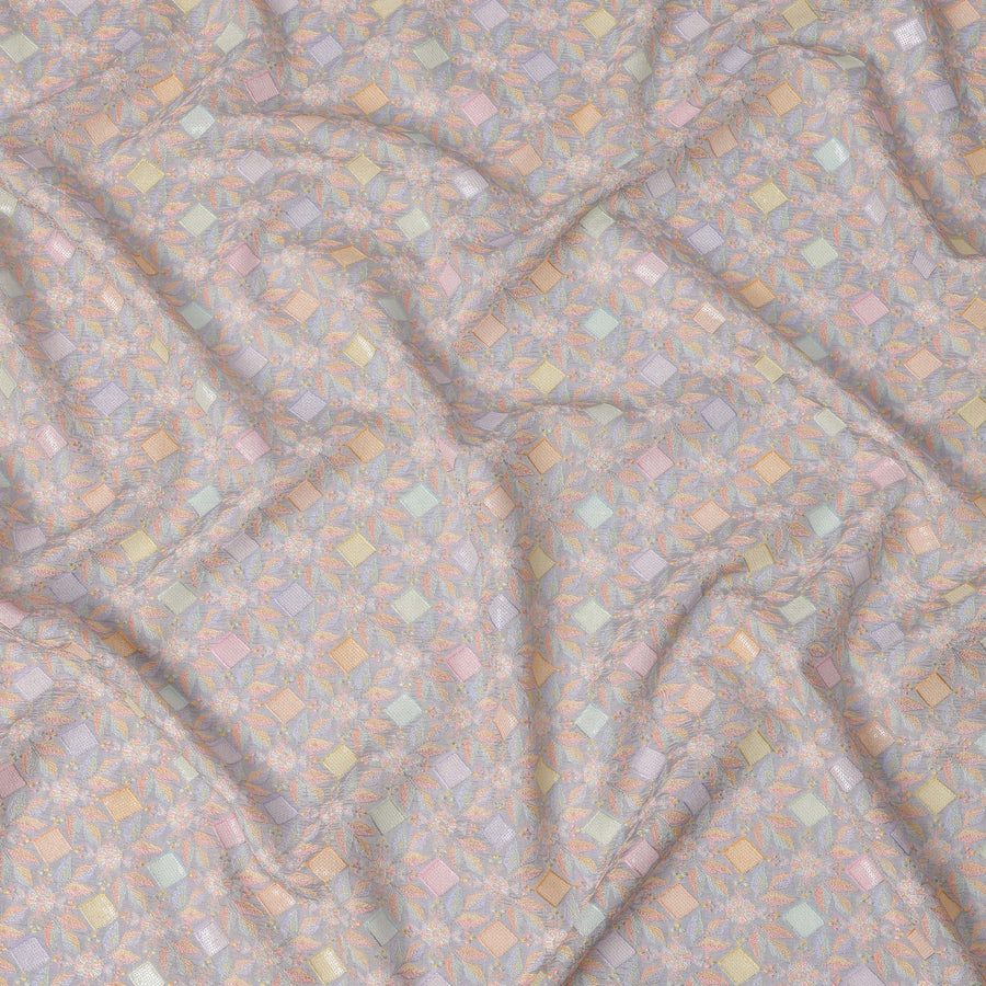 قماش حرير توسار باللون الأزرق الفاتح مع تطريز هندسي متعدد الألوان – عرض 110 سم - D21760