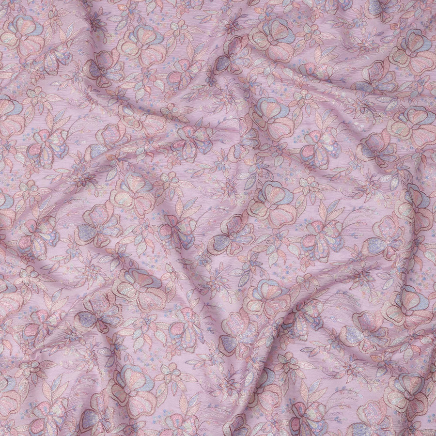 Lilac Tussar Silk Fabric with Pastel Floral Embroidery – 110 cm Width-D21761