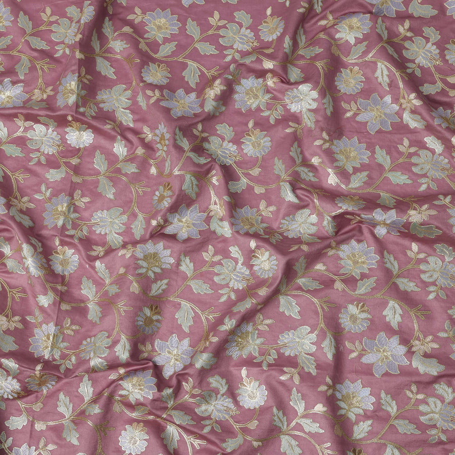 Rose Pink Tussar Silk Fabric with Gold and Pastel Floral Embroidery – 110 cm Width-D21763