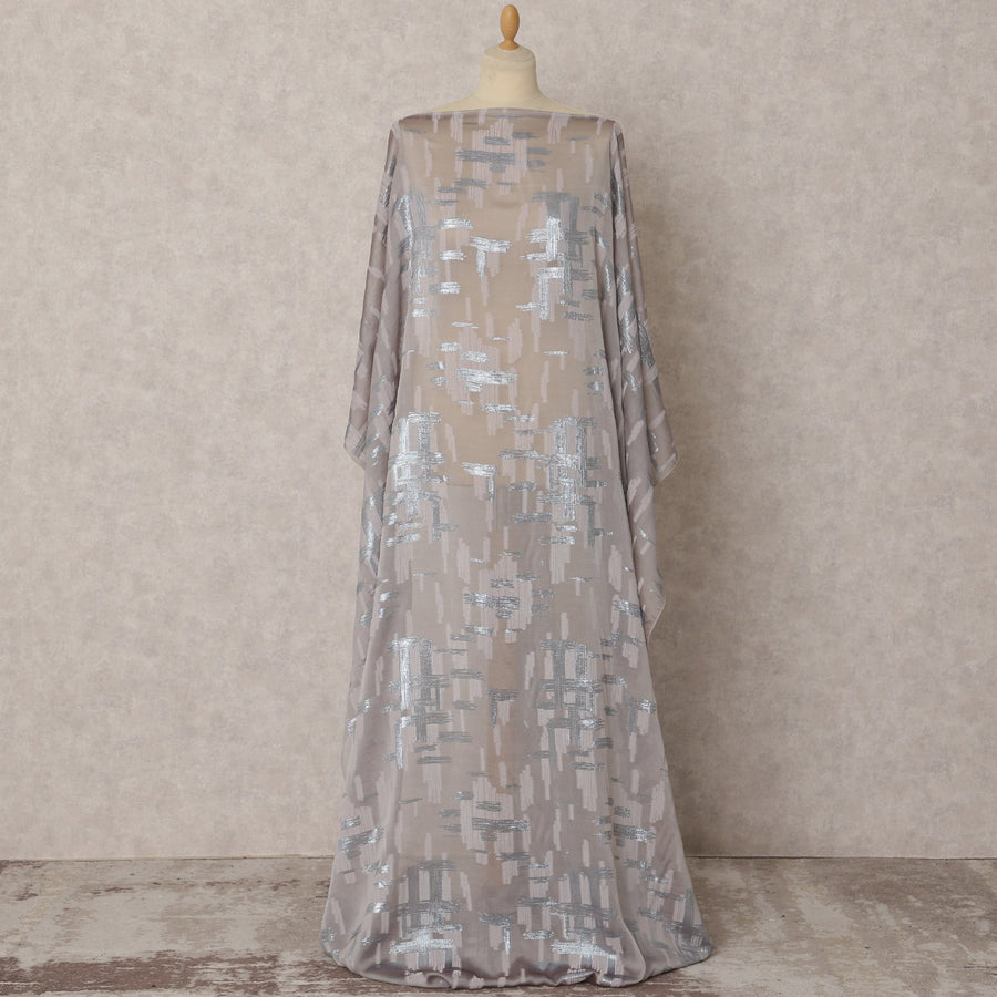 Silver Beige Fransawi Silk Chiffon Dirac Fabric with Metallic Lurex in Abstract Design, 3.5 MetersX140 Cms-D21770