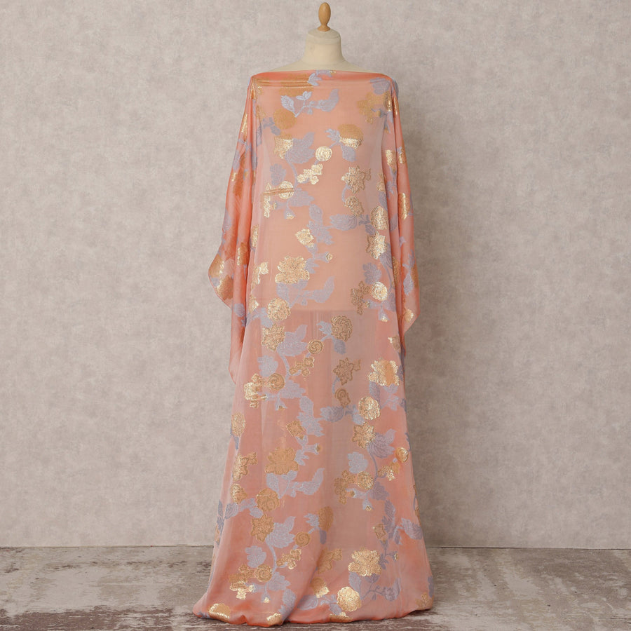 Peach Fransawi Dirac Silk Chiffon Fabric with Metallic Lurex in Floral  Design, 3.5 MetersX140 Cms-D21771