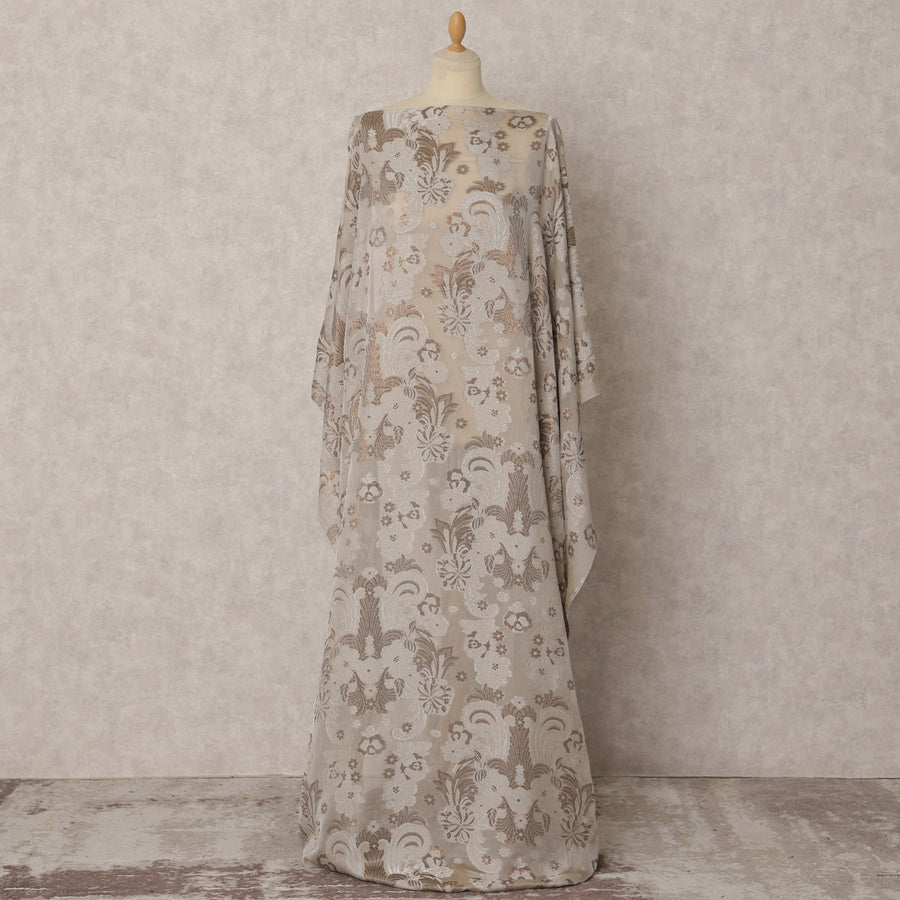 Beige Fransawi Dirac Silk Chiffon Fabric with Metallic Lurex in Abstract Design, 3.5 MetersX140 Cms-D21772