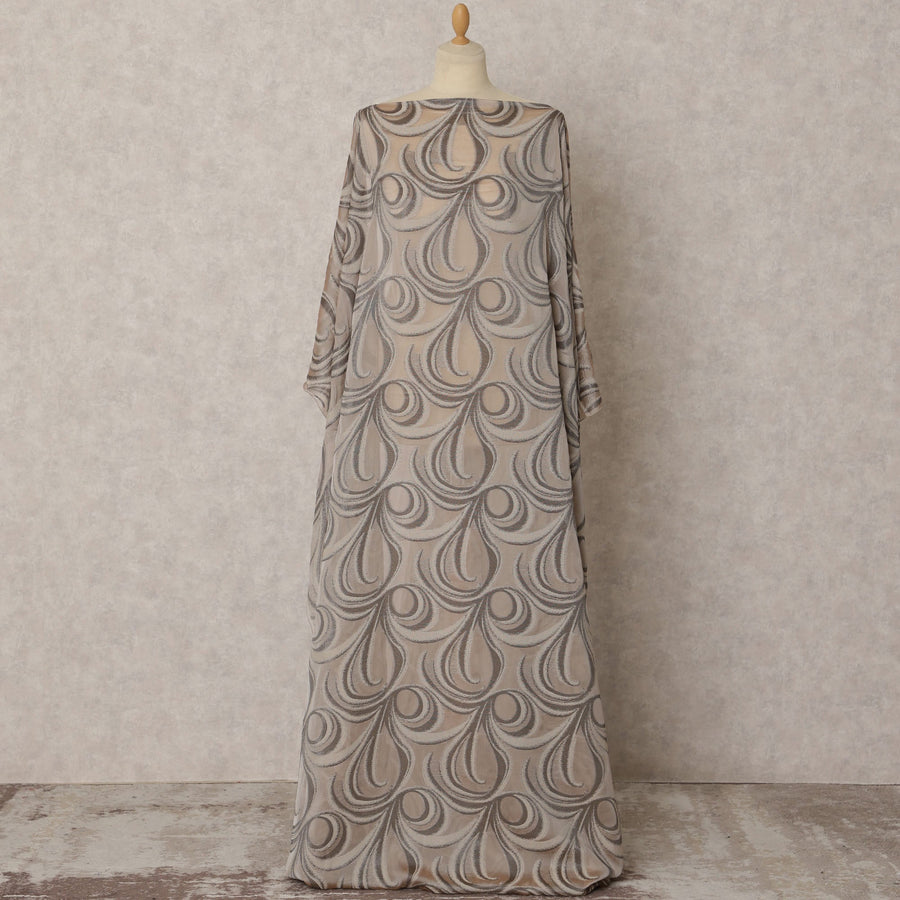 Beige Fransawi Dirac Silk Chiffon Fabric with Metallic Lurex in Abstract Design, 3.5 MetersX140 Cms-D21773
