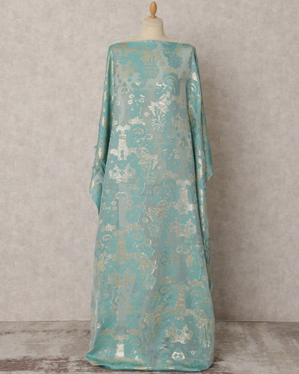 قماش شيفون حرير ديراك فرنسي أزرق مائي مع لوركس معدني بتصميم زهور، 3.5 متر × 140 سم - D21774