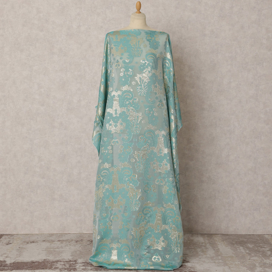قماش شيفون حرير ديراك فرنسي أزرق مائي مع لوركس معدني بتصميم زهور، 3.5 متر × 140 سم - D21774