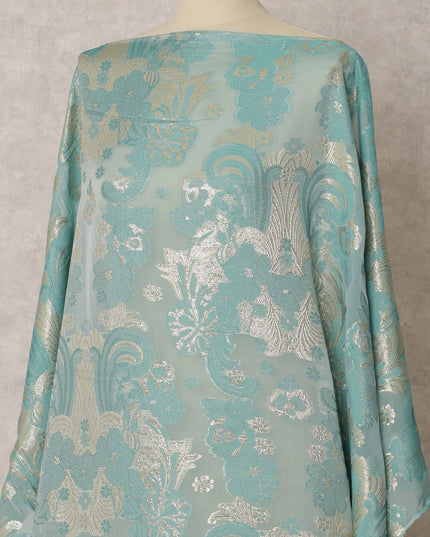 قماش شيفون حرير ديراك فرنسي أزرق مائي مع لوركس معدني بتصميم زهور، 3.5 متر × 140 سم - D21774