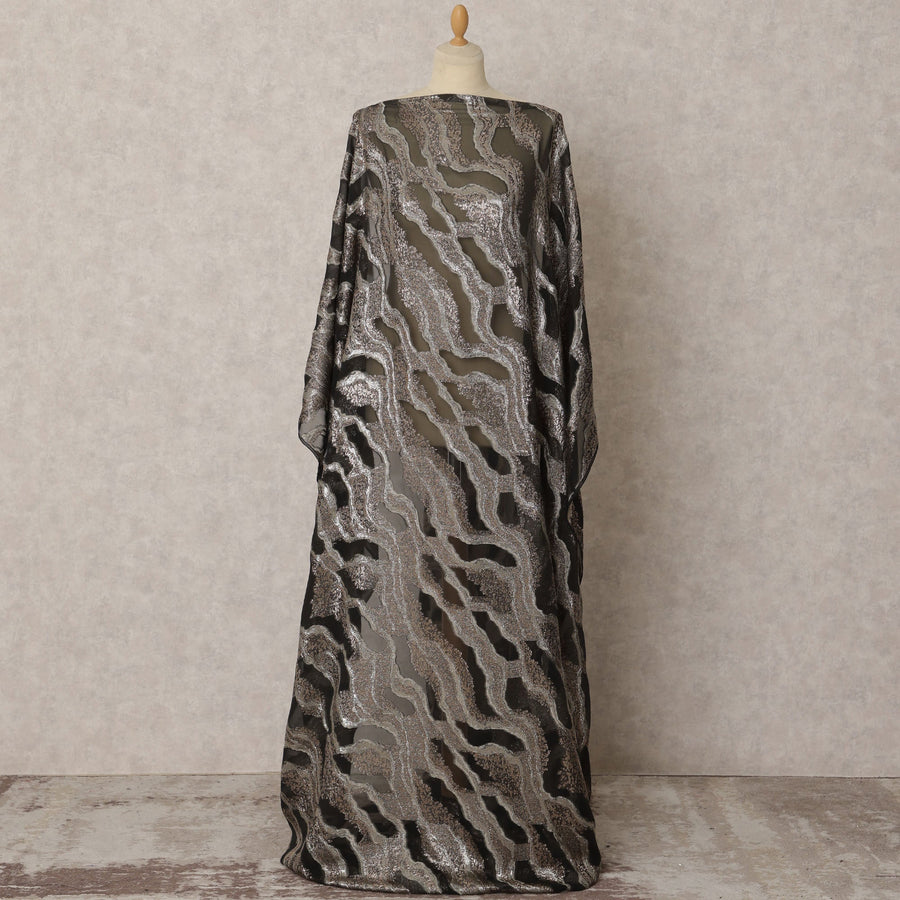 Black Fransawi Dirac Silk Chiffon Fabric with Metallic Lurex in Abstract Design, 3.5 MetersX140 Cms-D21775