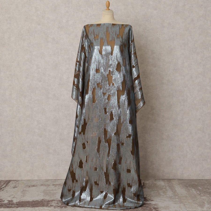 Silver and Olive Brown Fransawi Dirac Silk Chiffon Fabric with Metallic Lurex in Abstract Design – 3.5 MetersX140 Cms-D21776 Regal Fabrics
