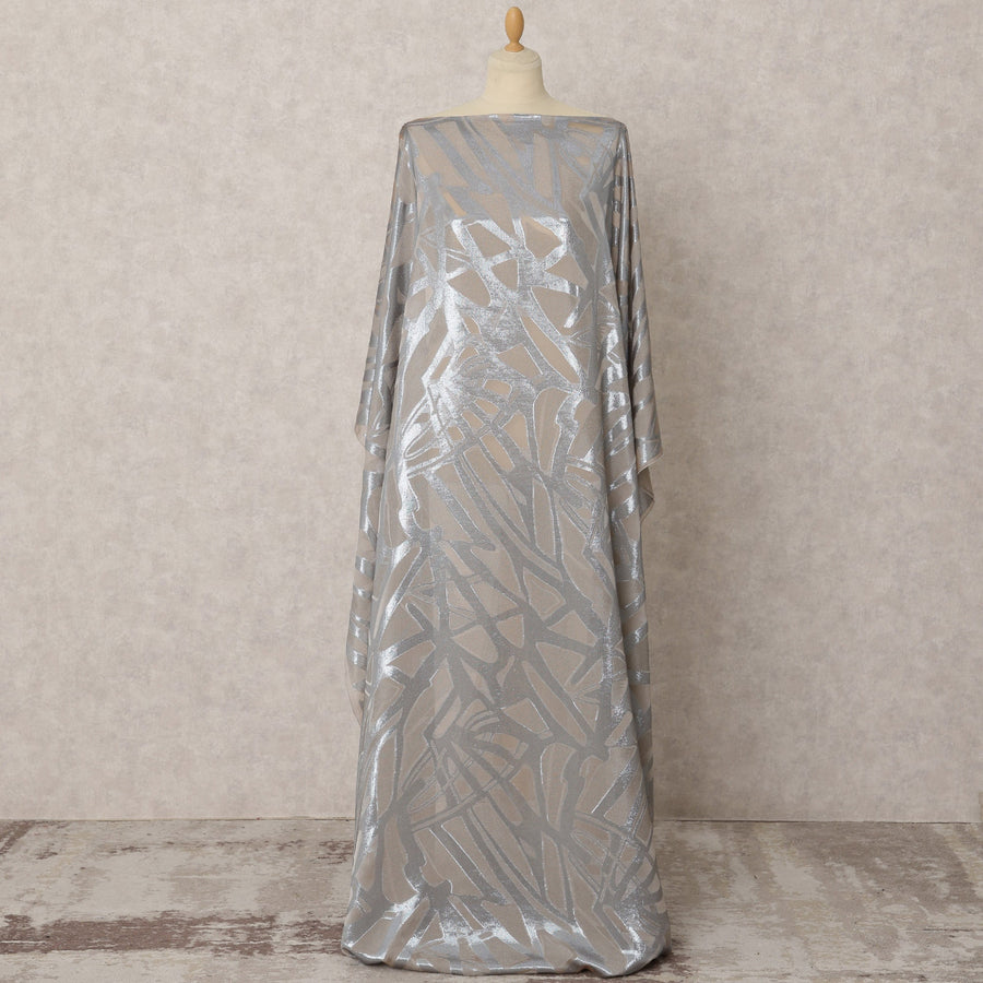 Light Brown, Grey Fransawi Dirac Silk Chiffon Fabric with Metallic Lurex in Abstract Design – 3.5 MetersX140 Cms-D21781
