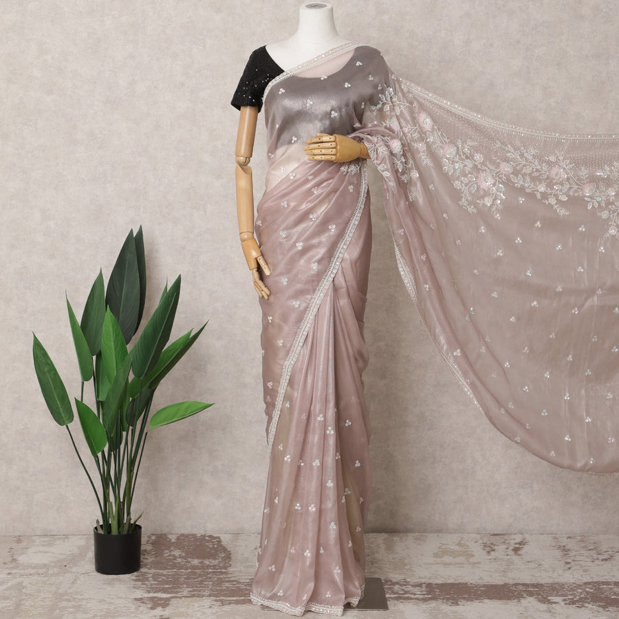 Dusty Rose & Grey Premium Silk Organza Saree – 5.5 Meters, Elegant Embroidery-D21859