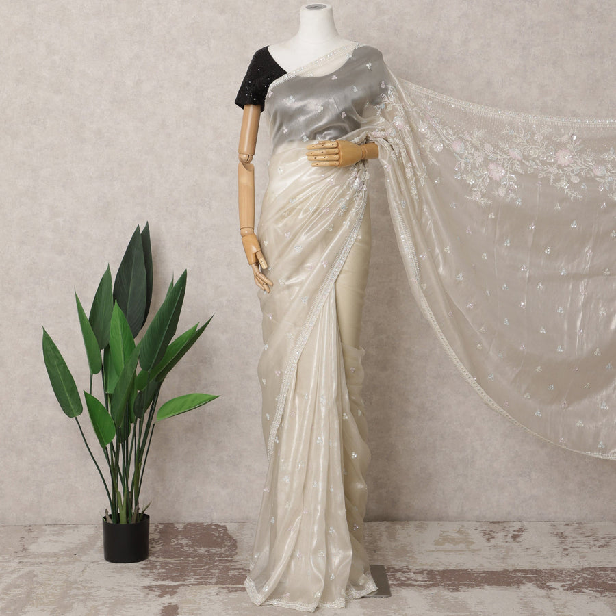 Ivory & Grey Premium Silk Organza Saree – 5.5 Meters, Elegant Embroidery-D21861