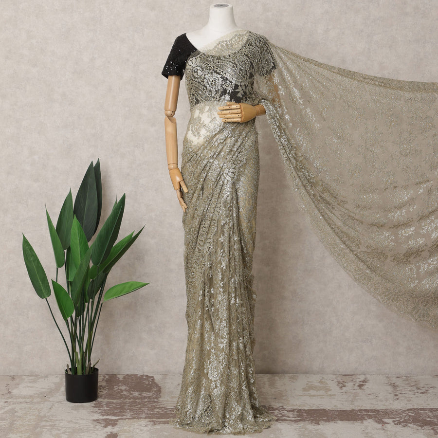 Light Gold Premium French Metallic Chantilly Lace Saree – 5.5 Meters, Stone Work-D21863