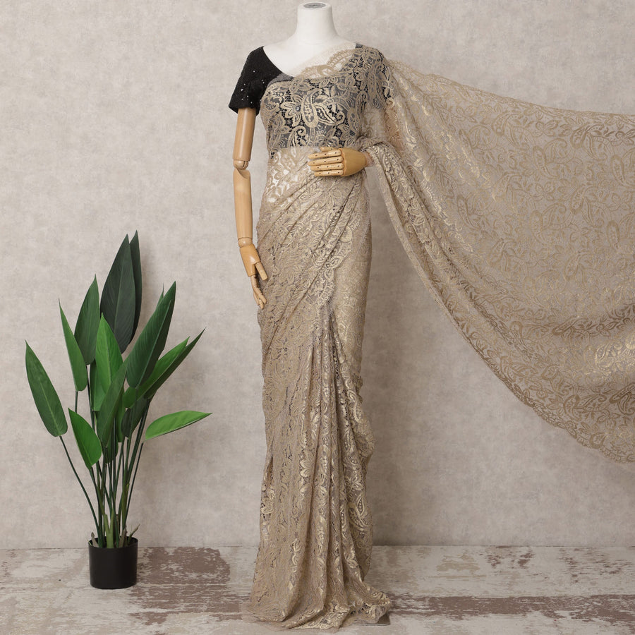 Champagne Gold Premium French Metallic Chantilly Lace Saree – 5.5 Meters, Elegant Design-D21865