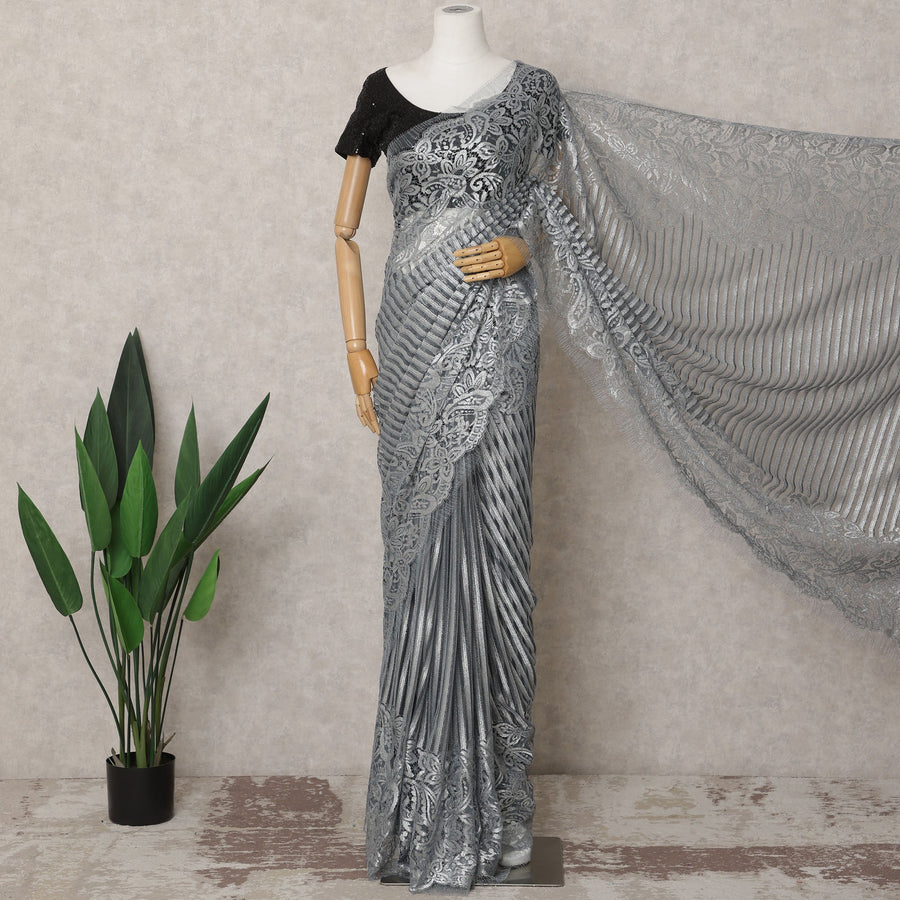 Steel Grey Premium French Metallic Chantilly Lace Saree – 5.5 Meters, Elegant Design-D21866