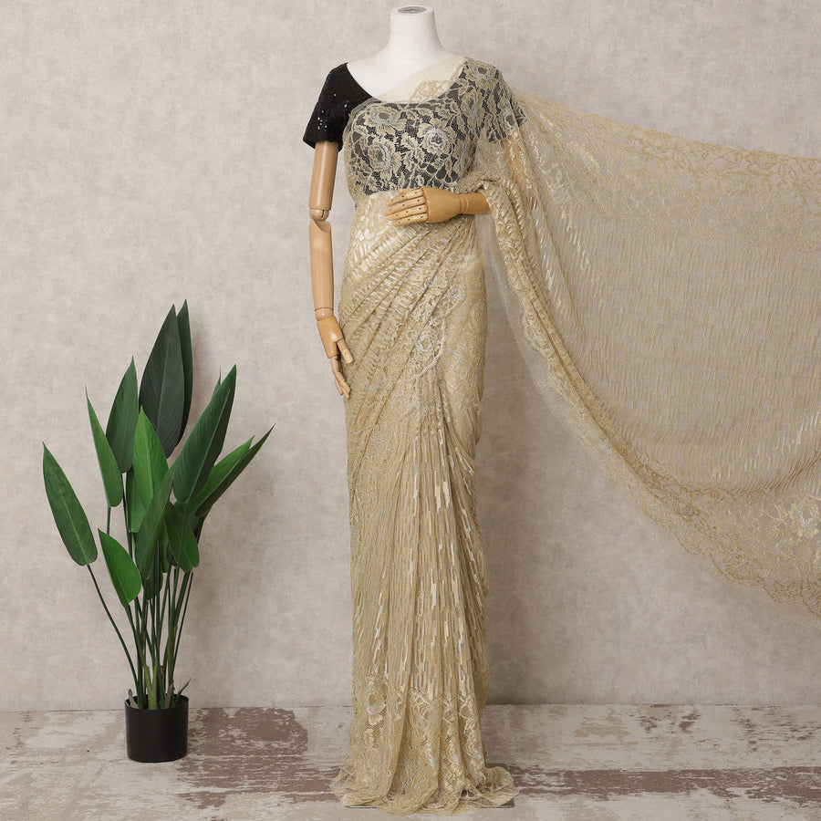 Gold Premium French Metallic Chantilly Lace Saree – 5.5 Meters, Elegant Design-D21867