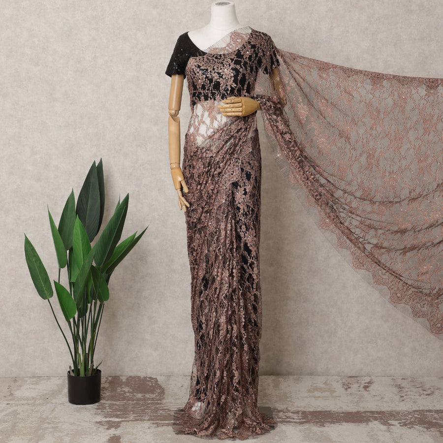 Rosewood & Black Premium French 2-Tone Chantilly Lace Saree – 5.5 Meters, Stone Work-D21871
